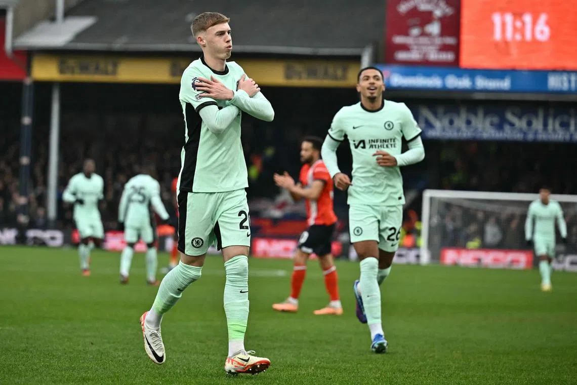 Chelsea's Cole Palmer celebrates after scoring against Luton Town in their English Premier League match.