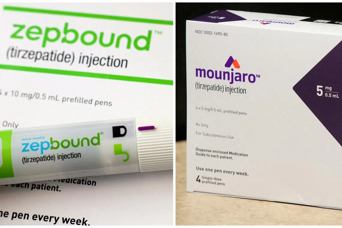 A combination image shows an injection pen of Zepbound, Eli Lilly's weight loss drug, in New York City, U.S., December 11, 2023 (left) and a box of Mounjaro, a tirzepatide injection drug used for treating type 2 diabetes and made by Lilly, at Rock Canyon Pharmacy in Provo, Utah, U.S., March 29, 2023. REUTERS/Brendan McDermid/George Frey    REFILE - QUALITY REPEAT