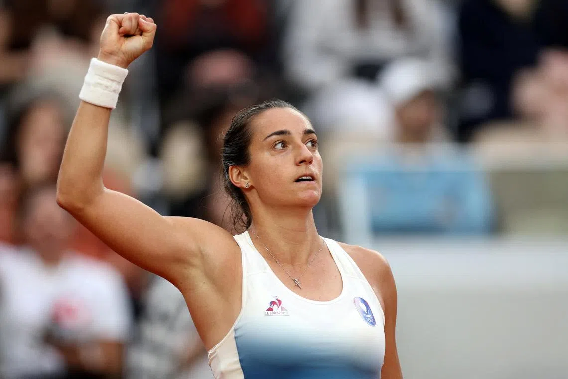 Caroline Garcia of France reacting during her first-round match against Jaqueline Adina Cristian of Romania at the Paris Olympics at Roland-Garros on July 27. She will not play again this season as she looks to mentally and physically reset ahead of 2025.