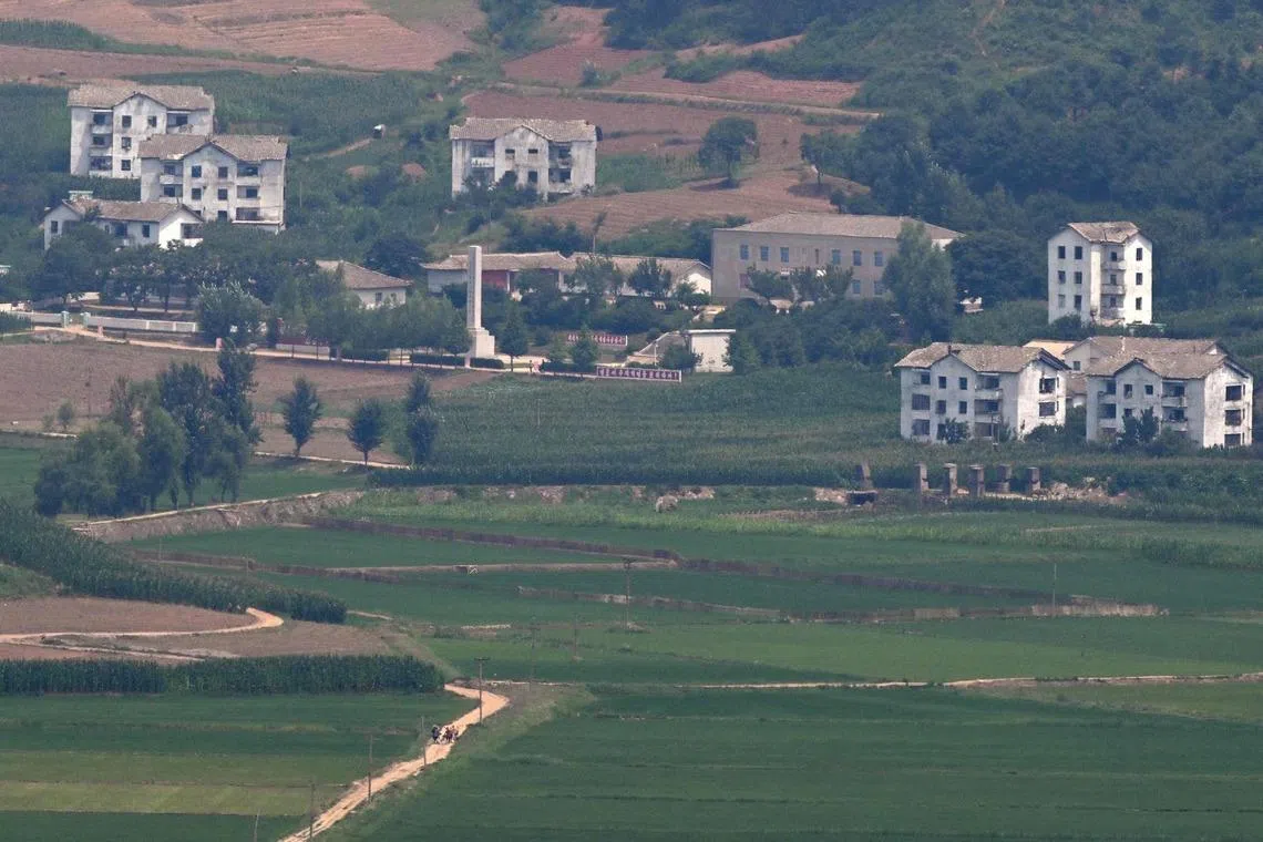 North Korea’s border county of Gaepung is seen from a South Korean observation deck at Aegibong Peace Ecopark in Gimpo on July 1.