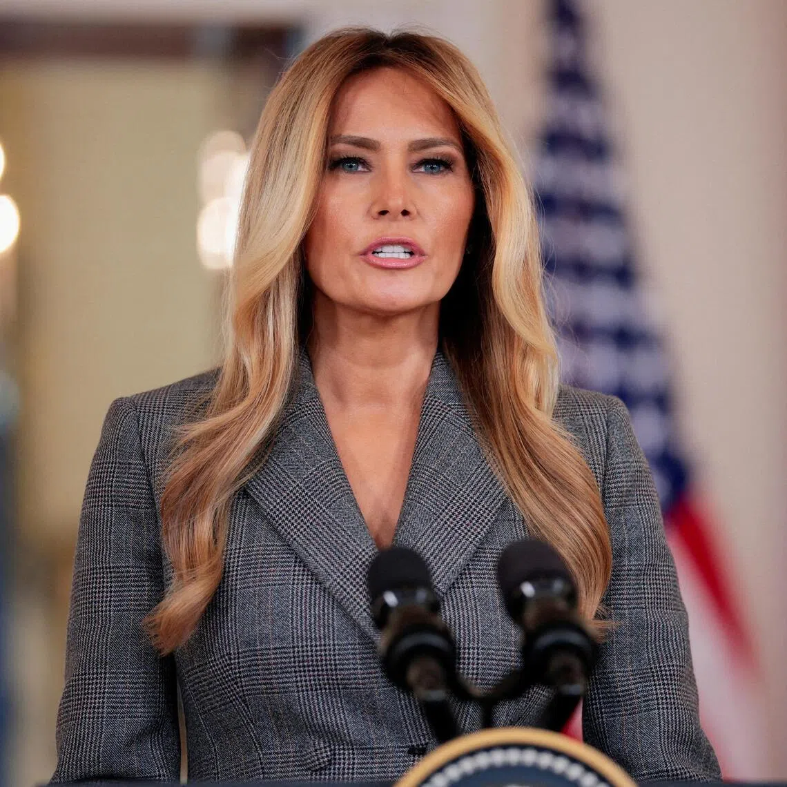 US First Lady Melania Trump delivering remarks regarding the late financier and convicted sex offender Jeffrey Epstein, at the White House in Washington, on April 9.
