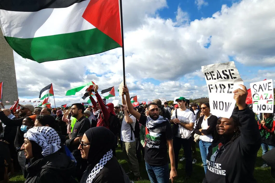 Protesters gathering in Washington on Oct 21, 2023, demanding a ceasefire in Gaza. 