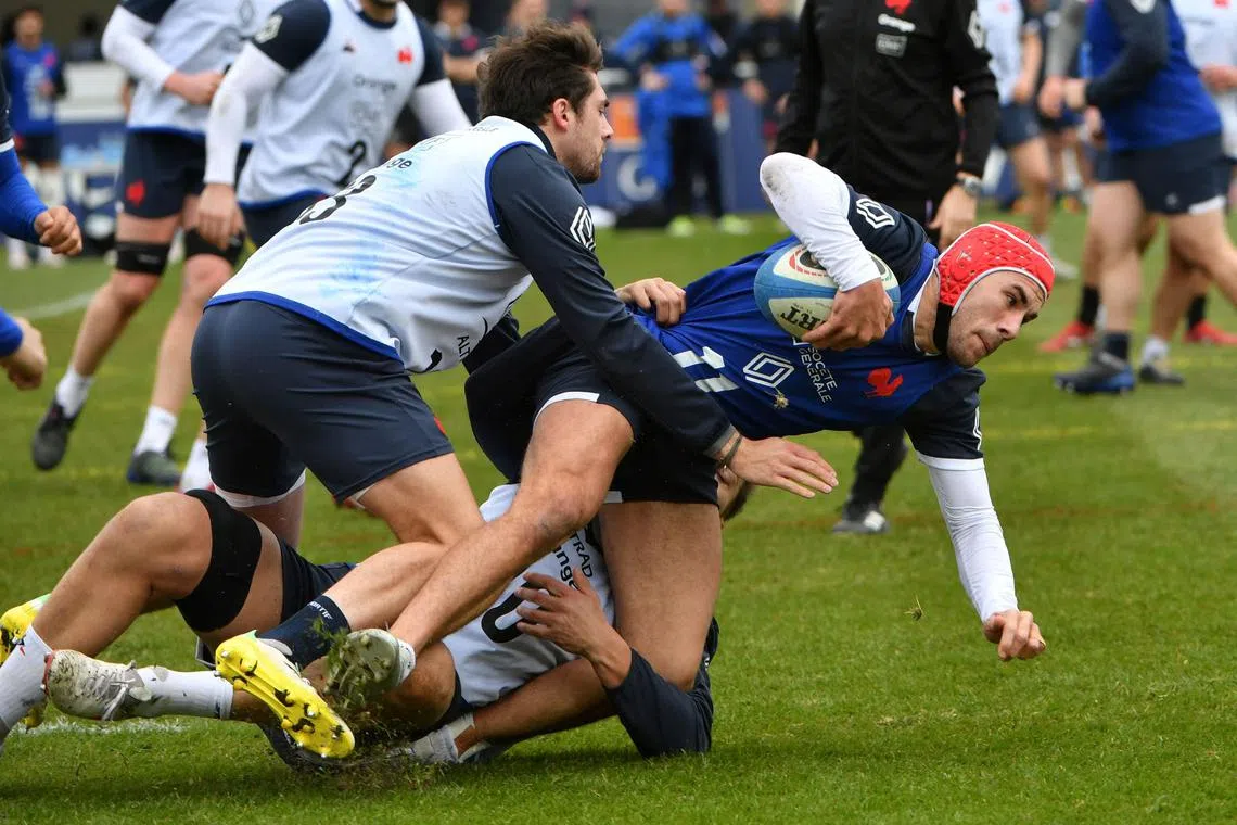 France's winger Gabin Villiere (right) being tackled during a training session at the Bourret stadium. France are reigning champions of the Six Nations Championship, which starts on Saturday.
