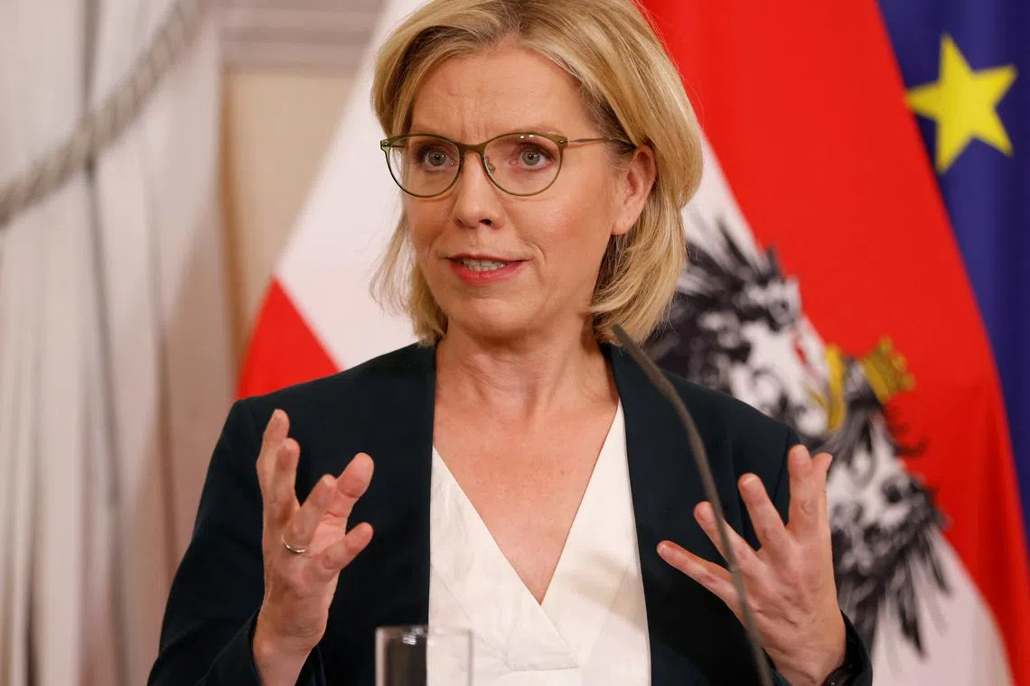 FILE PHOTO: Austrian Minister of Climate Action and Energy Leonore Gewessler speaks during a press conference in Vienna, Austria, October 17, 2023. REUTERS/Leonhard Foeger/File Photo