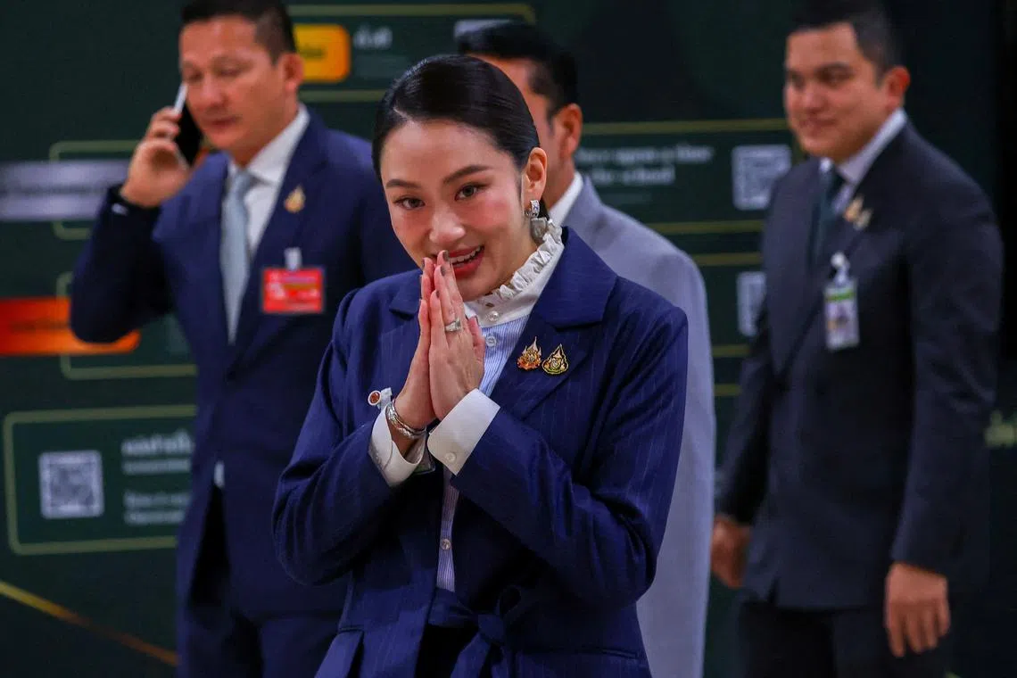 FILE PHOTO: Thailand's Prime Minister Paetongtarn Shinawatra arrives ahead of a no-confidence vote at the parliament in Bangkok, Thailand, March 26, 2025. REUTERS/Athit Perawongmetha/File Photo