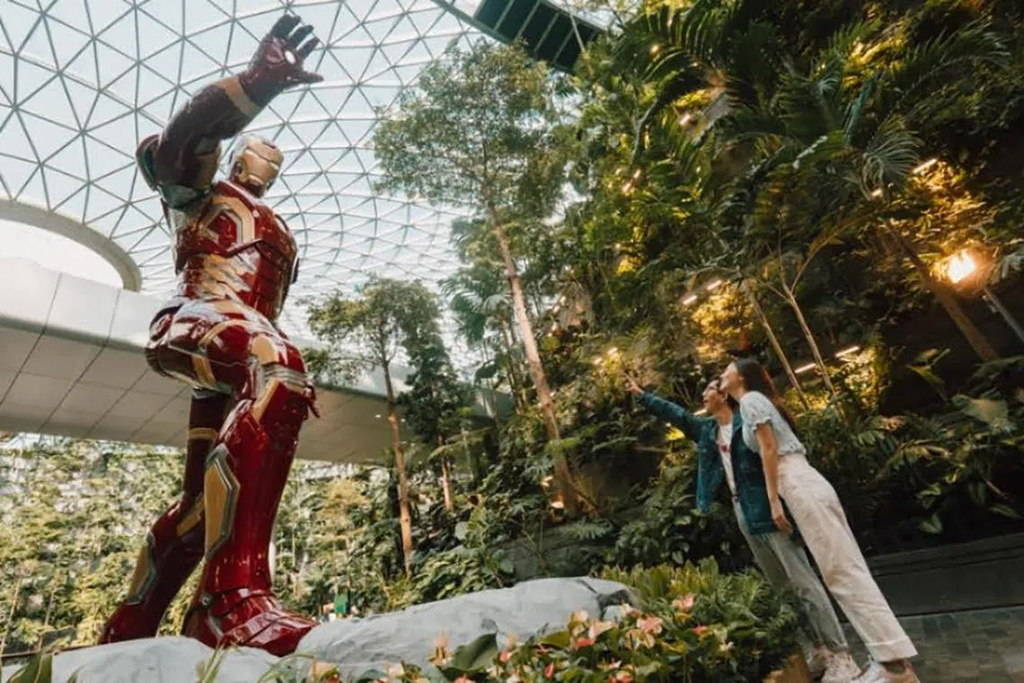 icmarvel25 - Be welcomed by a 5-metre tall Iron Man statue at the North Entrance of Jewel’s Shiseido Forest Valley. Credit: Jewel Changi Airport