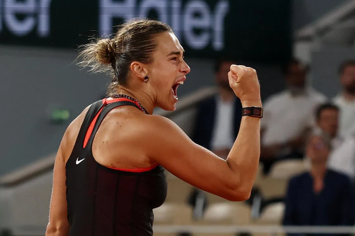 Tennis - French Open - Roland Garros, Paris, France - June 1, 2026 Belarus' Aryna Sabalenka celebrates winning her fourth round match against Japan's Naomi Osaka REUTERS/Stephane Mahe