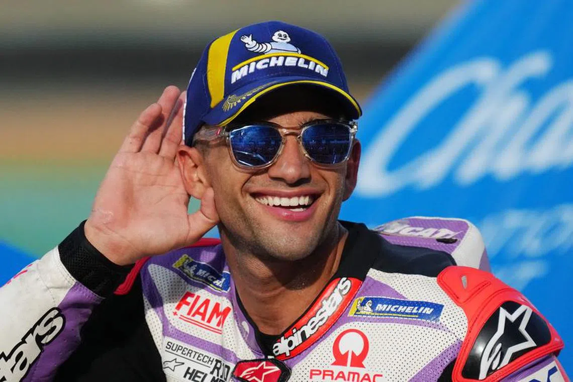 MotoGP - Thailand Grand Prix - Chang International Circuit, Buriram, Thailand - October 29, 2023 Prima Pramac Racing's Jorge Martin celebrates on the podium after winning the MotoGP REUTERS/Athit Perawonmetha/file photo