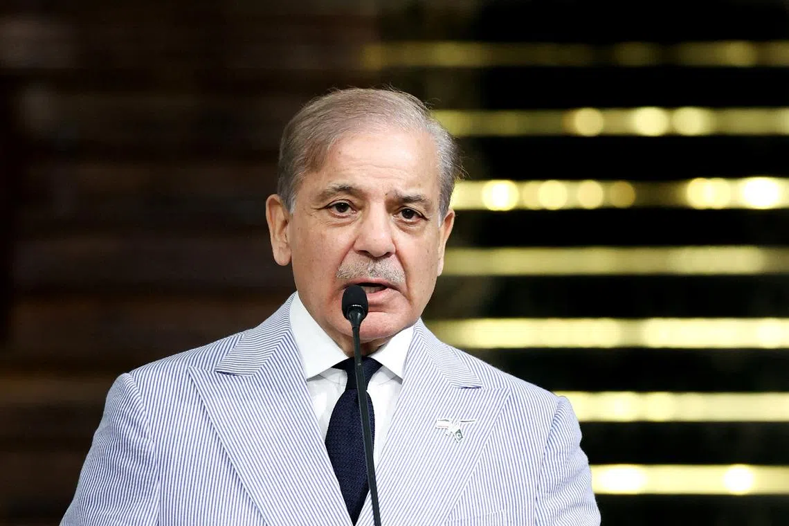 FILE PHOTO: Pakistan's Prime Minister Shehbaz Sharif speaks during a joint press conference with Iranian President Masoud Pezeshkian (not pictured) in Tehran, Iran, May 26, 2025. Iran's presidential website/WANA (West Asia News Agency)/Handout via REUTERS/File Photo