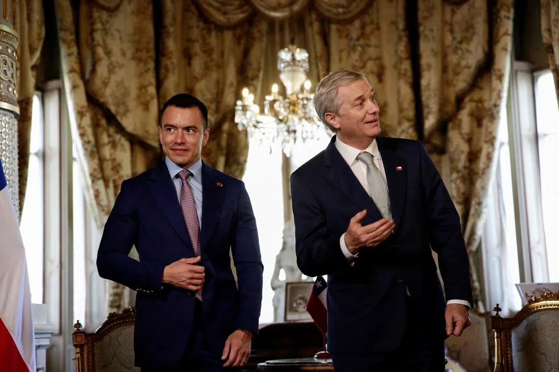 Ecuador's President Daniel Noboa poses for a photograph alongside Chile's President-elect Jose Antonio Kast before a bilateral meeting in Santiago, Chile, March 10, 2026. REUTERS/Juan Gonzalez