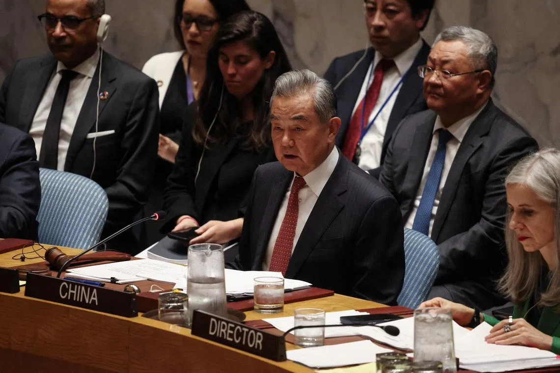 Chinese Foreign Minister Wang Yi speaking at a Security Council meeting on May 26 at the United Nations headquarters in New York City.