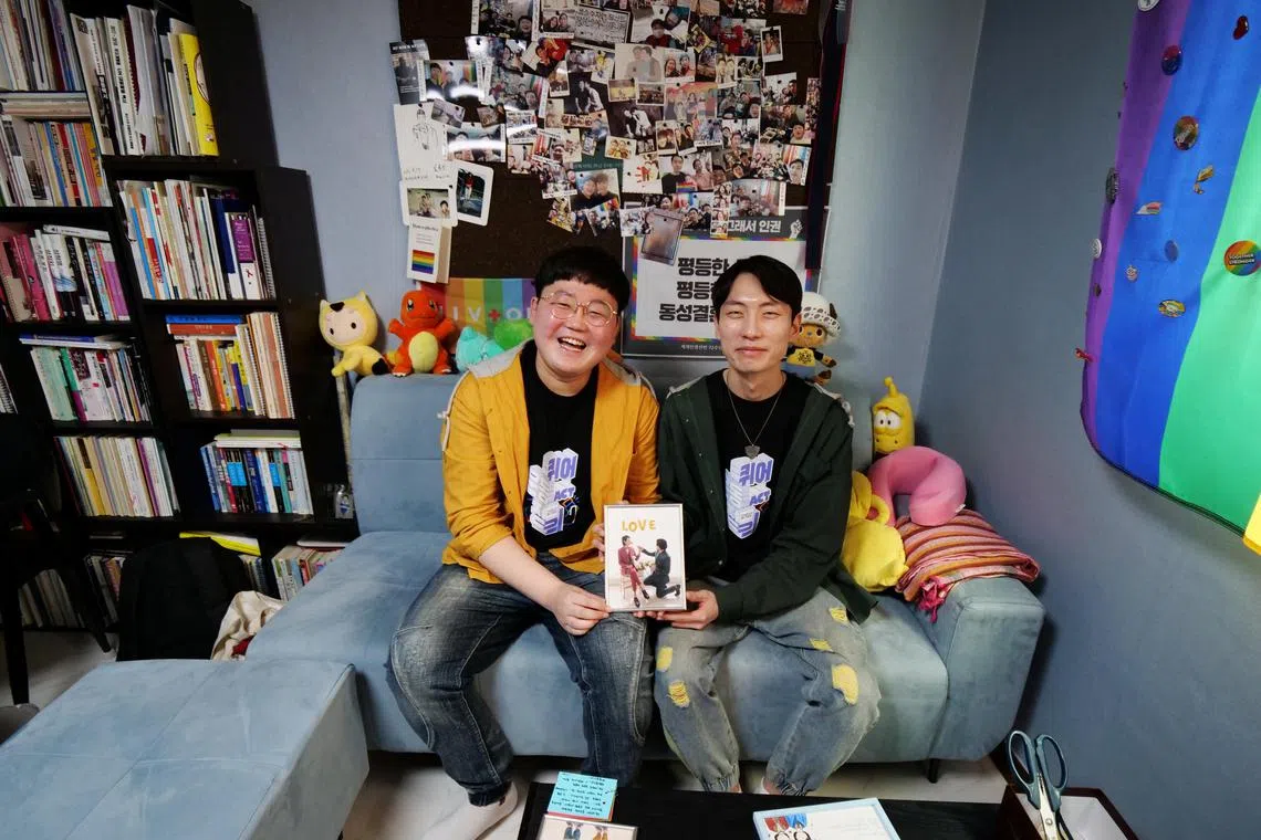 Mr So Sung-uk (L) and Mr Kim Yong-min last week won a landmark Seoul court ruling on national health coverage for gay couples.