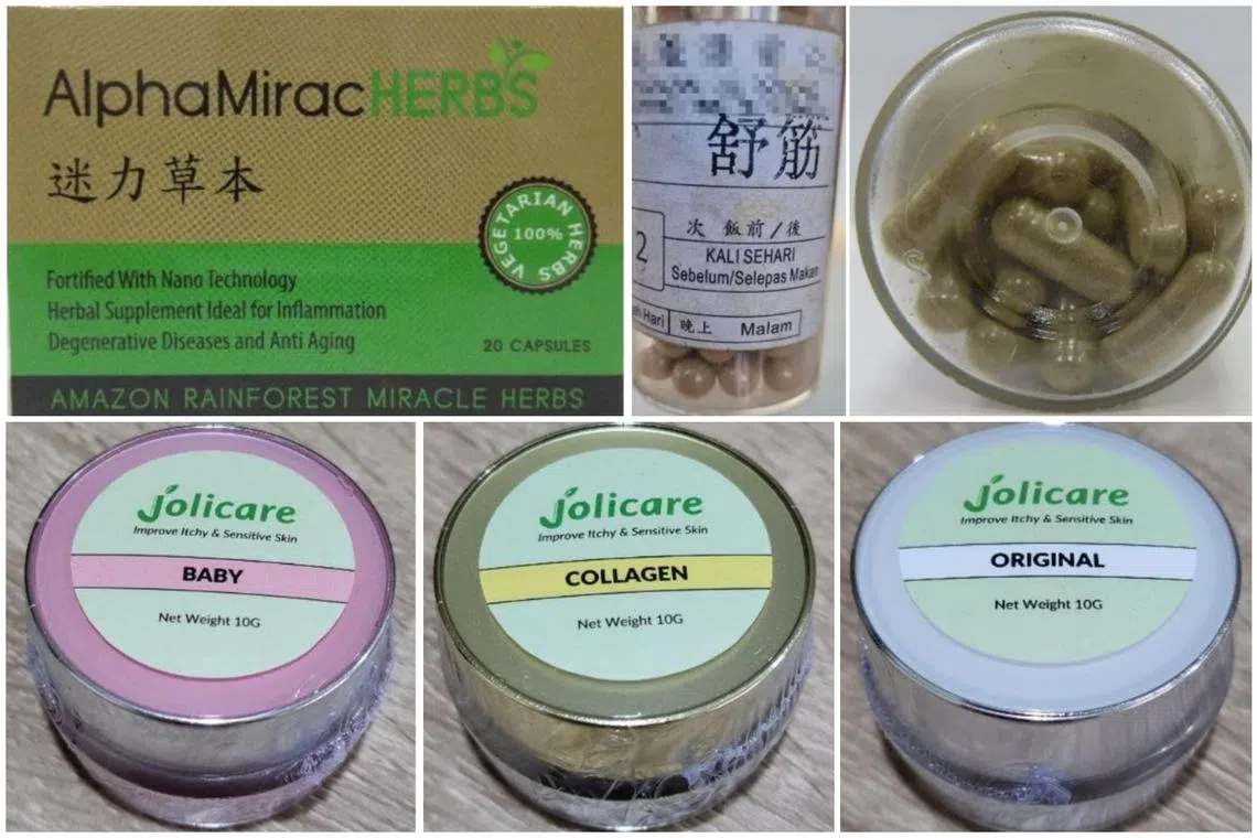 HSA has alerted the public to refrain from purchasing (top, from left) AlphaMiracHerbs, Shu Jin capsules and (bottom, from left) Jolicare baby, collagen and original cream.