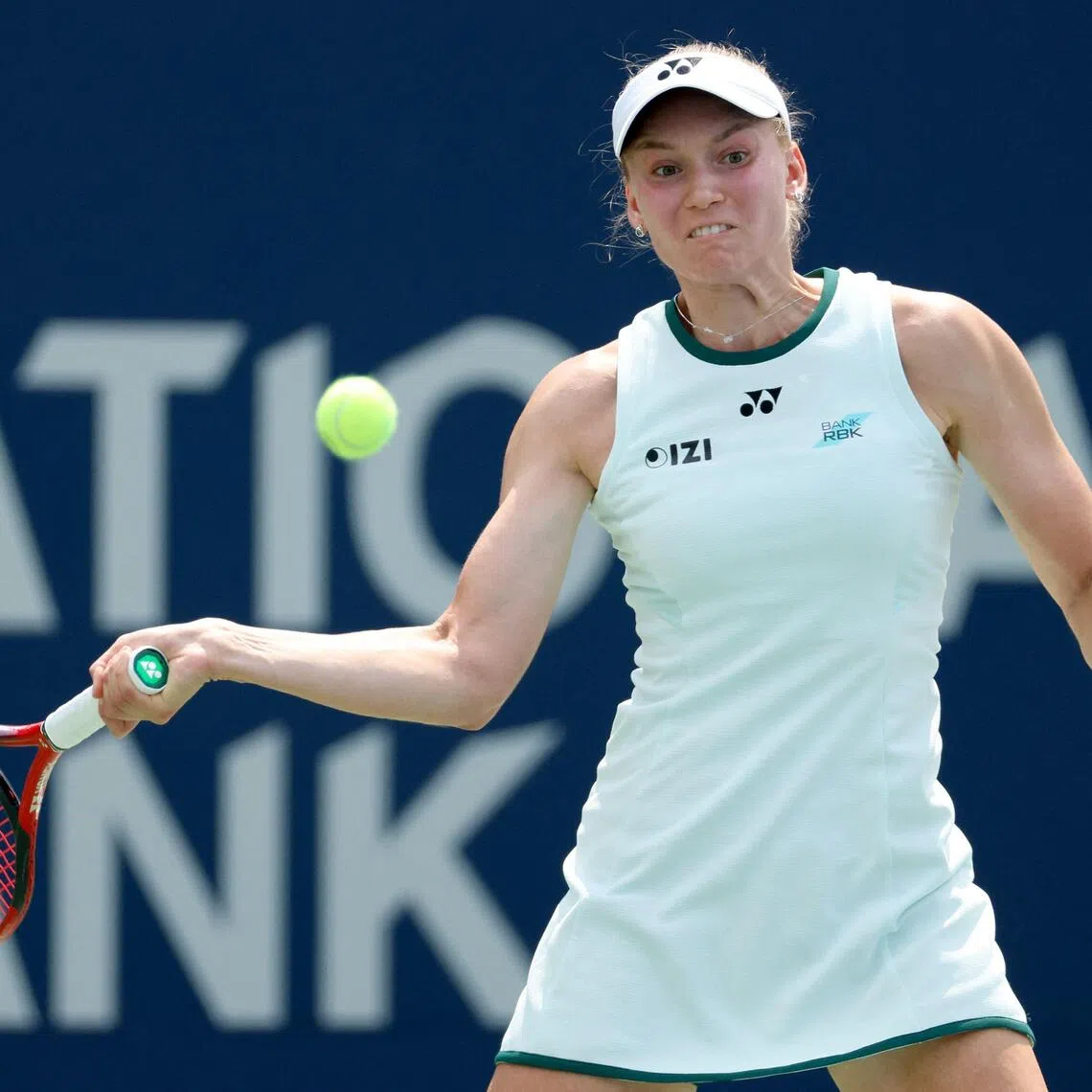 Elena Rybakina of Kazakhstan returning a shot to Liudmila Samsonova.