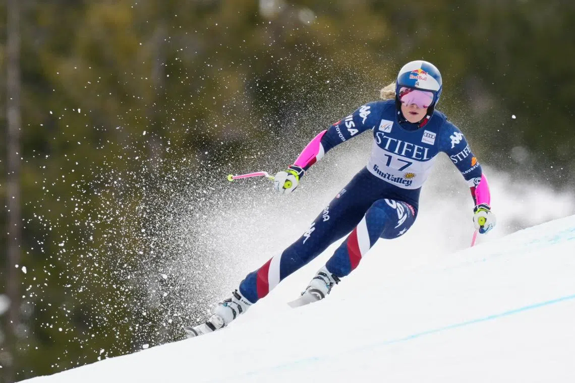 FILE PHOTO: Mar 23, 2025; Sun Valley, ID, USA; Lindsey Vonn of the United States during the women's Super G alpine skiing race in the 2025 FIS Ski World Cup at Sun Valley. Mandatory Credit: Christopher Creveling-Imagn Images/File Photo