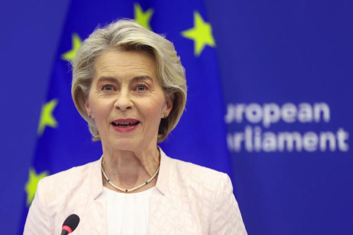 FILE PHOTO: Ursula von der Leyen attends a press conference at the European Parliament in Strasbourg, France, July 18, 2024. REUTERS/Johanna Geron/File Photo