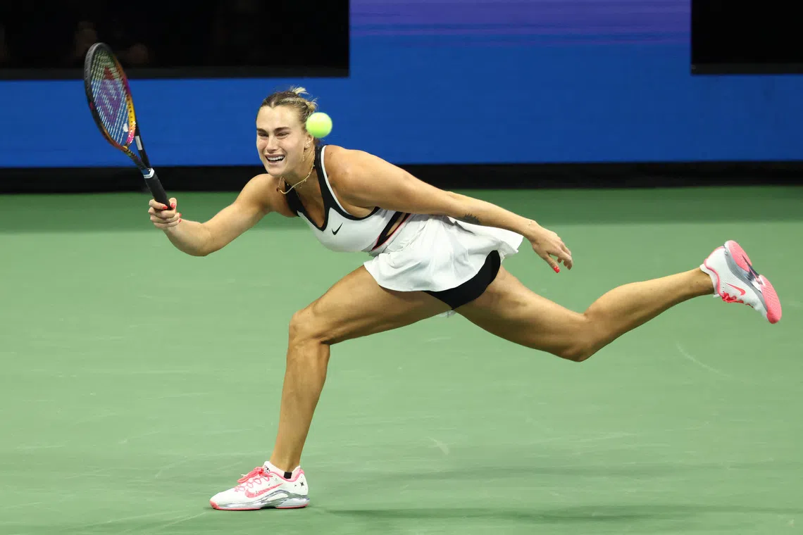 FILE PHOTO: Tennis - U.S. Open - Flushing Meadows, New York, United States - September 6, 2025 Belarus' Aryna Sabalenka in action during the women's singles final against Amanda Anisimova of the U.S. REUTERS/Kevin Lamarque/File Photo