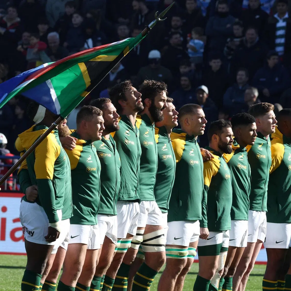 outh Africa players sing their national anthem ahead of the Rugby Union one-off Test match between Argentina's Los Pumas and South Africa's Springboks at Jose Amalfitani Stadium in Buenos Aires on August 8, 2026. (Photo by Alejandro PAGNI / AFP)