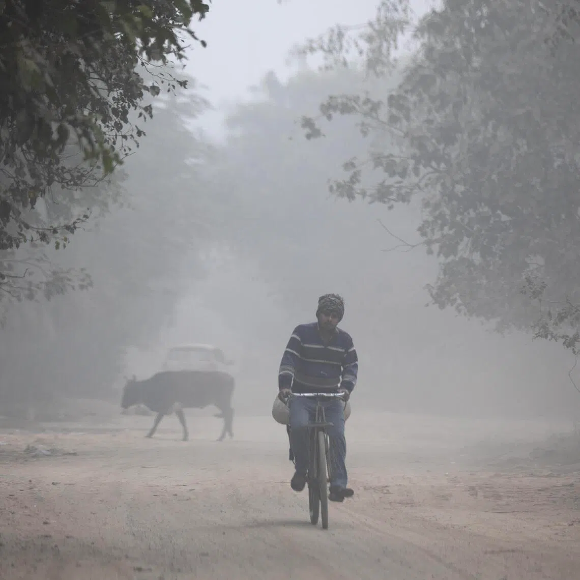 An Indian man riding his bicycle amid heavy smog, on the banks of the Yamuna river in New Delhi, on Dec 18.