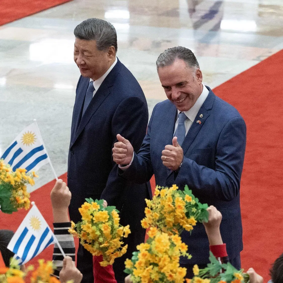 Uruguay’s President Yamandu Orsi with Chinese President Xi Jinping during a welcome ceremony in Beijing on Feb 3. 