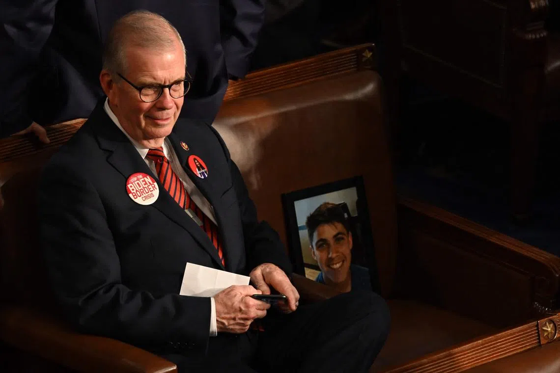 US Representative Tim Walberg, Republican of Michigan, sits in his seat ahead of US President Joe Biden's the State of the Union address in the House Chamber of the US Capitol in Washington, DC, on March 7, 2024. 