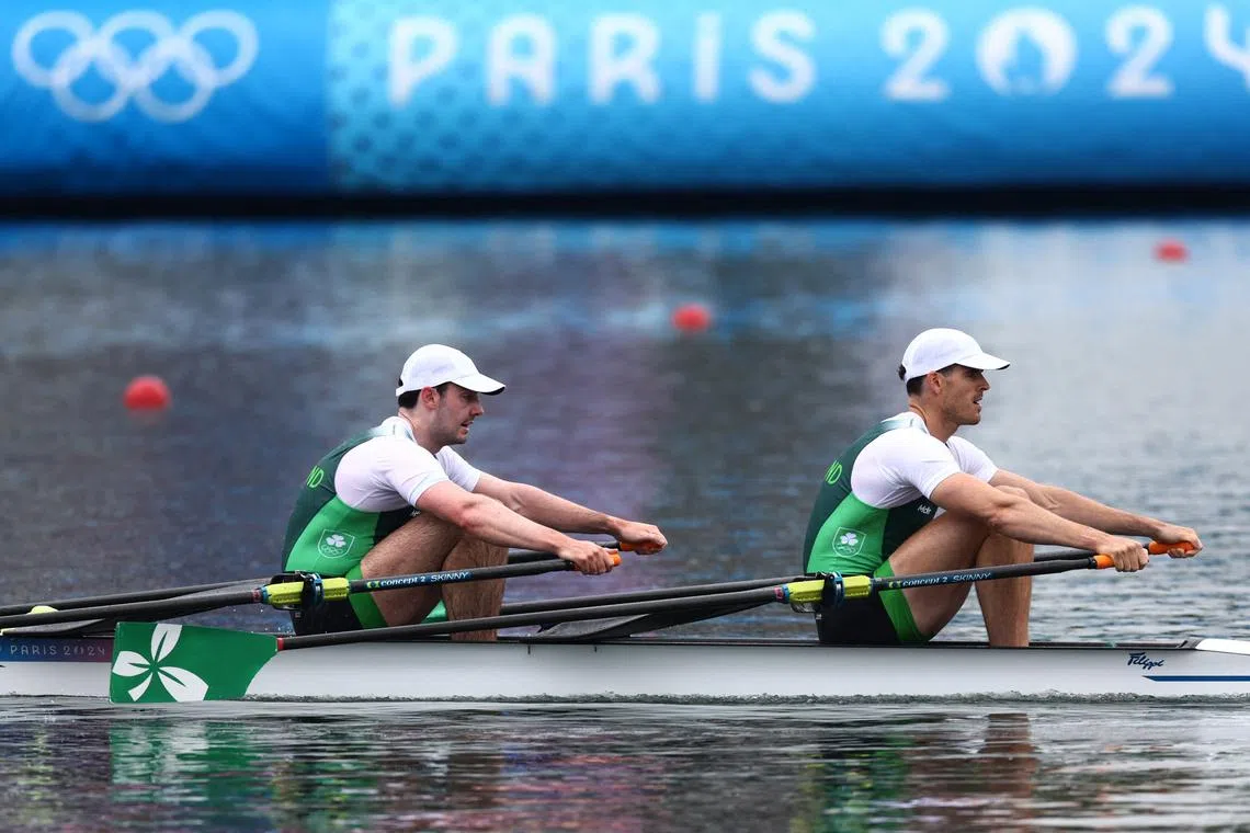 FILE PHOTO: Paris 2024 Olympics - Rowing - Men's Double Sculls Heats - Vaires-sur-Marne Nautical Stadium - Flatwater, Vaires-sur-Marne, France - July 27, 2024. Daire Lynch of Ireland and Philip Doyle of Ireland in action. REUTERS/Yara Nardi/File Photo