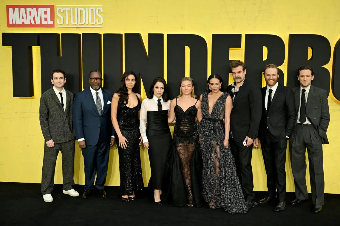 Lewis Pullman, Wyatt Russell, David Harbour, Hannah John-Kamen, Florence Pugh, Julia Louis-Dreyfus, Geraldine Viswanathan, Wendell Pierce and Jake Schreier attend the European premiere of Marvel Studios' 'Thunderbolts* in London on April 22.
