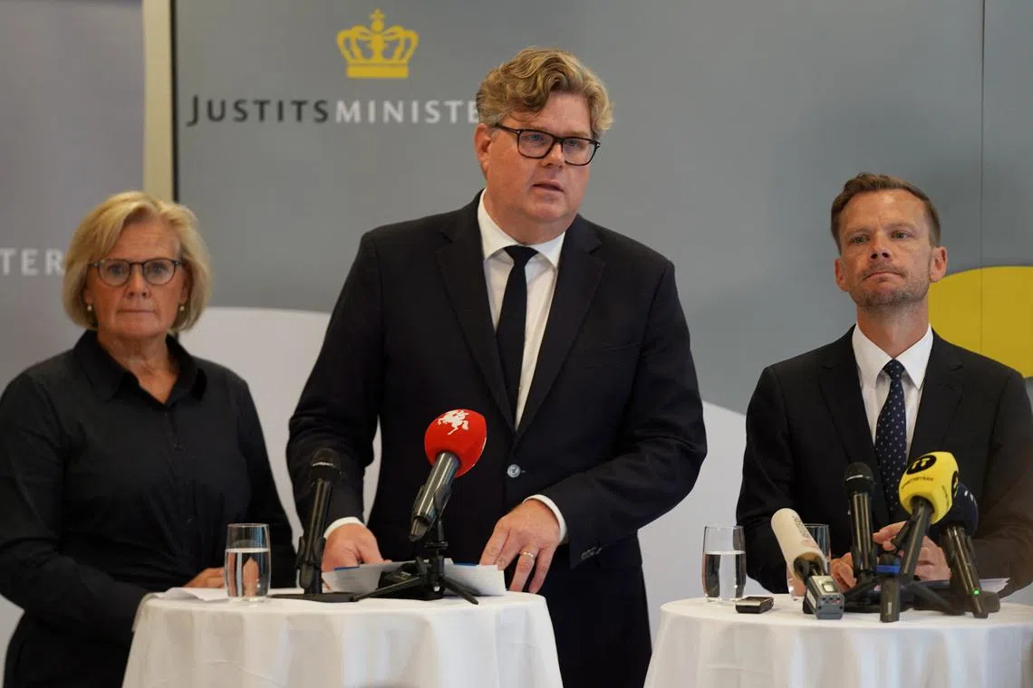 Swedish Justice Minister Gunnar Strommer, his Danish counterpart Peter Hummelgaard and Swedish national police chief Petra Lundh attend a press conference in Copenhagen, Denmark, August 21, 2024. REUTERS/Tom Little