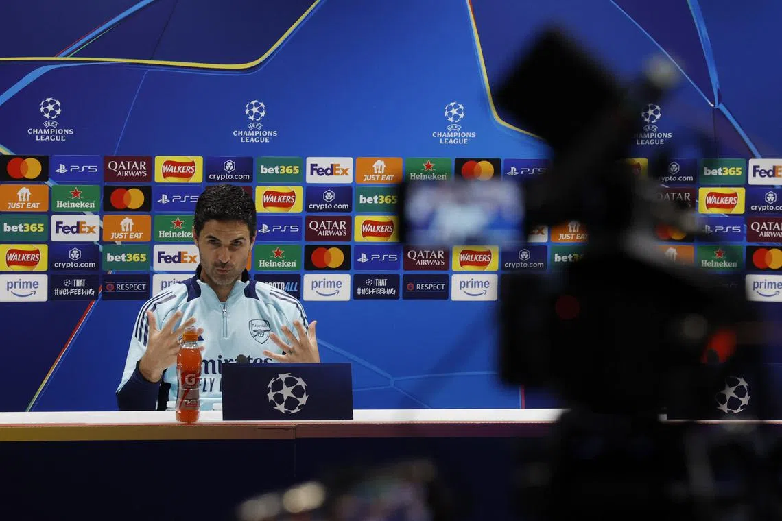 Soccer Football - Champions League - Arsenal Press Conference - Emirates Stadium, London, Britain - April 28, 2025 Arsenal manager Mikel Arteta during the press conference Action Images via Reuters/Andrew Couldridge