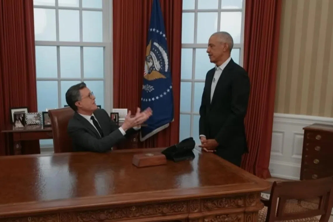 Stephen Colbert’s interview with Mr Barack Obama was filmed in early April at Mr Obama’s soon-to-open presidential centre on the South Side of Chicago.