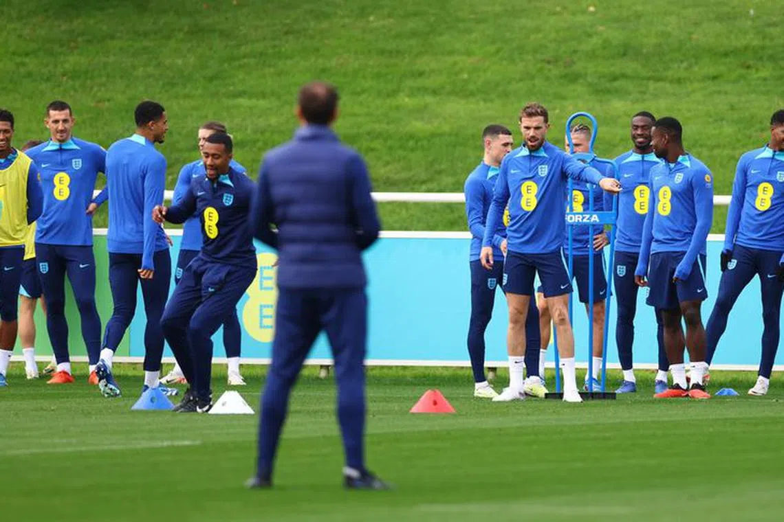 Soccer Football - International Friendly - England Training - St George's Park, Burton upon Trent, Britain - October 12, 2023 England's Marcus Rashford, Lewis Dunk, Jordan Henderson, Phil Foden and Jude Bellingham during training Action Images via Reuters/Matthew Childs