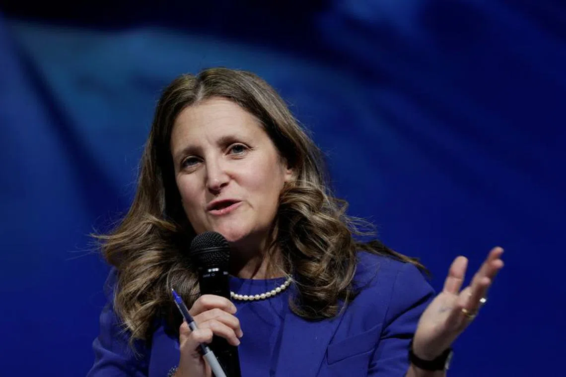 Canada's Deputy Prime Minister and Minister of Finance Chrystia Freeland speaks during a panel on the fourth day of the annual meeting of the IMF and the World Bank, following last month's deadly earthquake, in Marrakech, Morocco, October 12, 2023. REUTERS/Susana Vera/File Photo