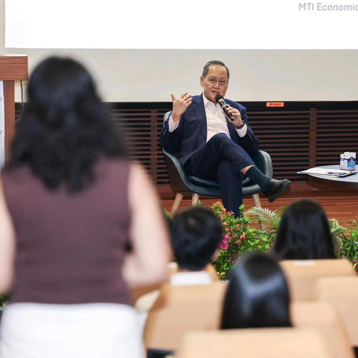 (From left) Minister for Trade and Industry Tan See Leng participating in a dialogue alongside Euston Quah, chair professor of economics and director of the Economic Growth Centre at Nanyang Technological University, at the Ministry of Trade and Industry Economic Dialogue 2026 at NTU@one-north on Aug 26, 2026.