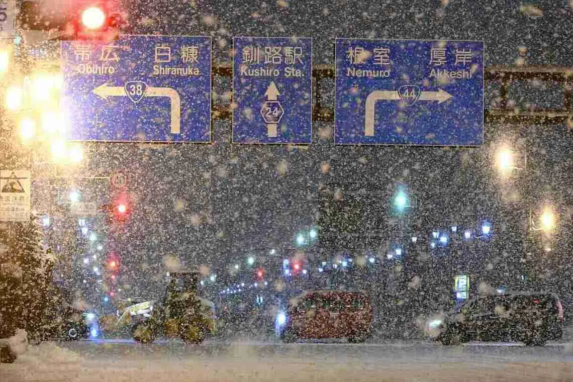 Heavy snow seen in Kushiro, Hokkaido, at about 6.30pm local time on Dec 14.