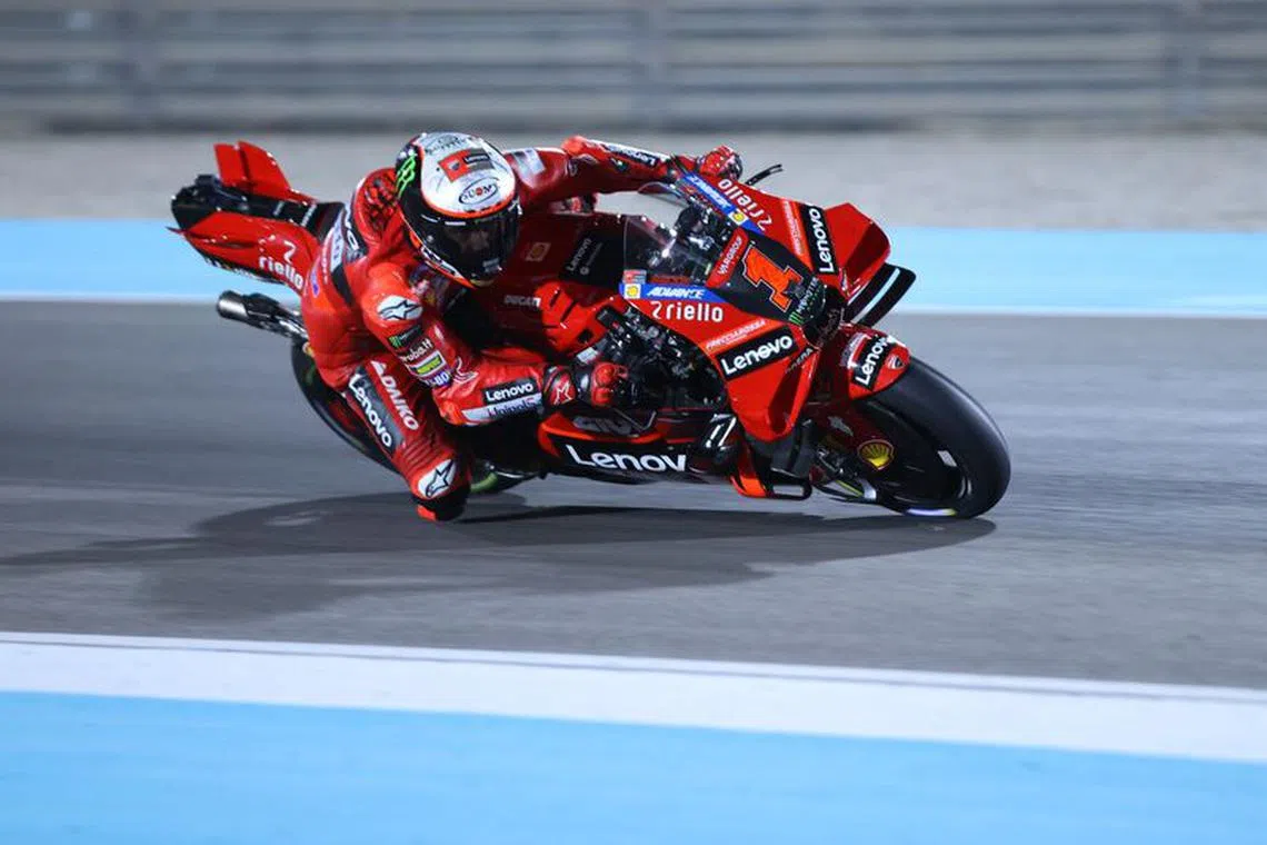 FILE PHOTO: MotoGP - Grand Prix of Qatar - Lusail International Circuit, Lusail, Qatar - November 19, 2023 Ducati Lenovo Team's Francesco Bagnaia in action during the MOTGP race REUTERS/Ibraheem Al Omari