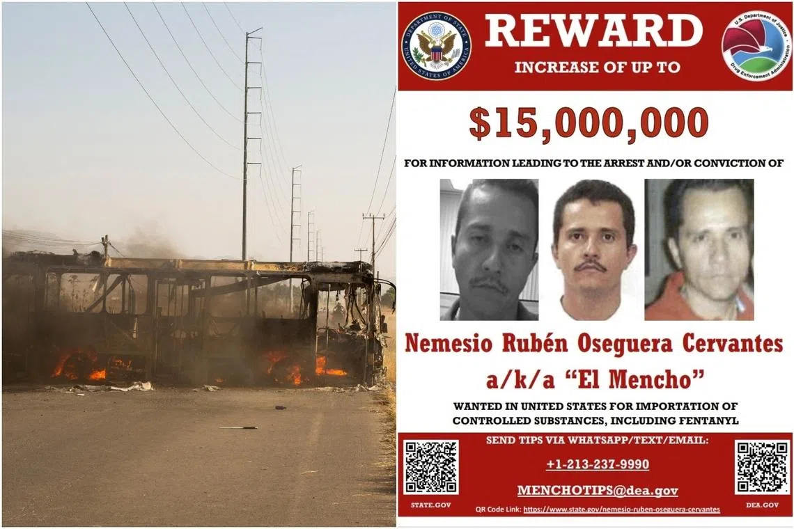 A bus used as a roadblock by organized crime burns following a federal operation in which Mexican drug lord Nemesio Oseguera was killed, in Zapopan, Mexico, on Feb 22.