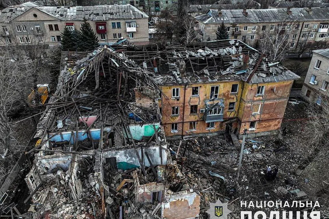 FILE PHOTO: An aerial view shows a residential building heavily damaged by a Russian missile strike,  in the town of Selydove, Donetsk region, Ukraine, in this handout picture released February 8, 2024. Press service of the National Police of Ukraine/Handout via REUTERS