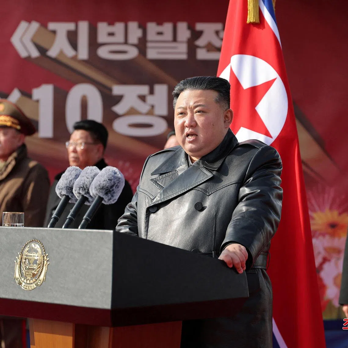 North Korean leader Kim Jong Un speaks during the groundbreaking ceremony for the Kangdong County Hospital and General Service Center in Kangdong County, North Korea, February 6, 2025, in this photo released by North Korea's official Korean Central News Agency.    KCNA via REUTERS    ATTENTION EDITORS - THIS IMAGE WAS PROVIDED BY A THIRD PARTY. REUTERS IS UNABLE TO INDEPENDENTLY VERIFY THIS IMAGE. NO THIRD PARTY SALES. SOUTH KOREA OUT. NO COMMERCIAL OR EDITORIAL SALES IN SOUTH KOREA.