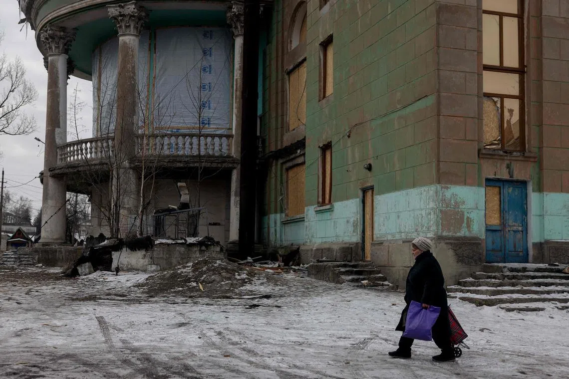 The damaged House of Culture in the town of Bilytske, in the Donetsk region.