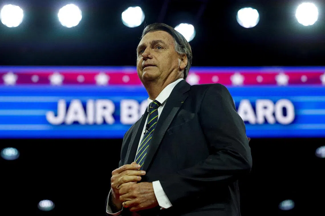 FILE PHOTO: Jair Bolsonaro, former President of Brazil, arrives to speak at the Conservative Political Action Conference (CPAC) at Gaylord National Convention Center in National Harbor, Maryland, U.S., March 4, 2023. REUTERS/Evelyn Hockstein/File Photo
