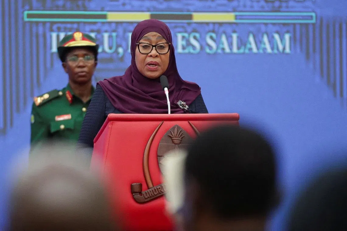 Tanzania's President Samia Suluhu Hassan addresses delegates after receiving the report by the Presidential Commission of Inquiry into violence that erupted during and after Tanzania’s October 29, 2025, General Election at the State House in Dar es Salaam, Tanzania, April 23, 2026. REUTERS/Emmanuel Herman