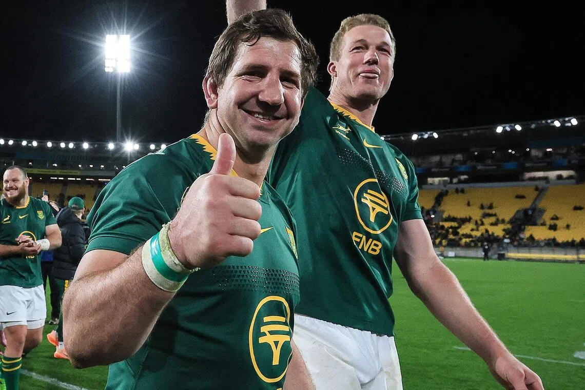 Kwagga Smith and Pieter-Steph Du Toit of South Africa celebrate their win over New Zealand in the Rugby Championship.