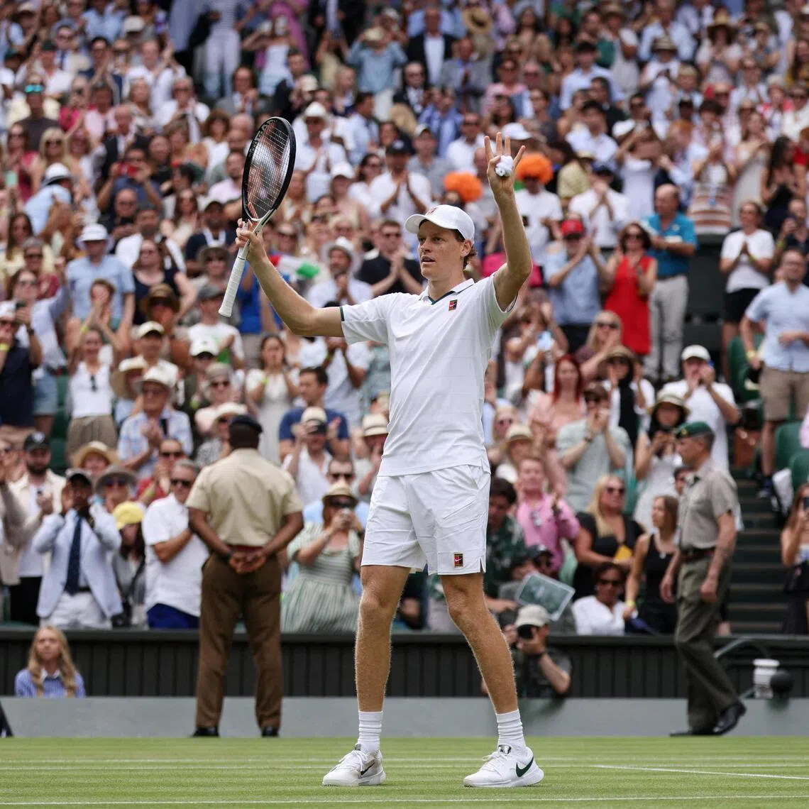 Tennis - Wimbledon - All England Lawn Tennis and Croquet Club, London, Britain - July 1, 2026
Italy's Jannik Sinner celebrates winning his second round match against Portugal's Nuno Borges REUTERS/Marko Djurica     TPX IMAGES OF THE DAY