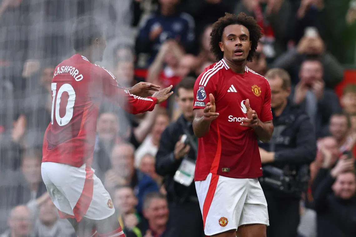 Manchester United's Dutch striker Joshua Zirkzee celebrating after scoring their second goal during the English Premier League win over Everton at Old Trafford on Dec 1.