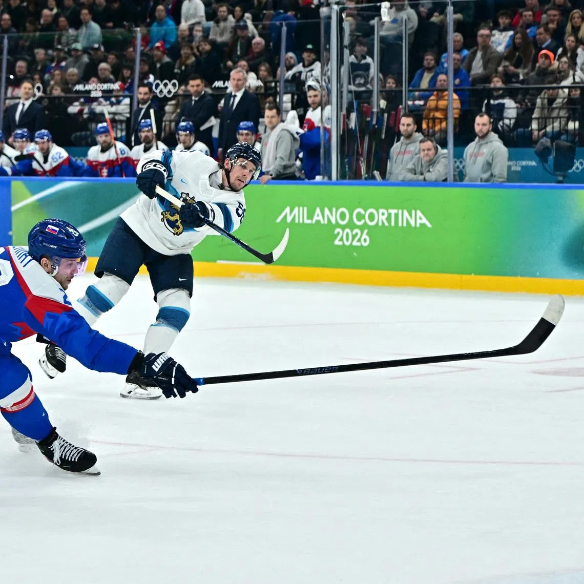 Milano Cortina 2026 Olympics - Ice Hockey - Men's Bronze Medal Game - Slovakia vs Finland - Milano Santagiulia Ice Hockey Arena, Milan, Italy - February 21, 2026. Erik Haula of Finland scores their sixth goal. REUTERS/Marton Monus