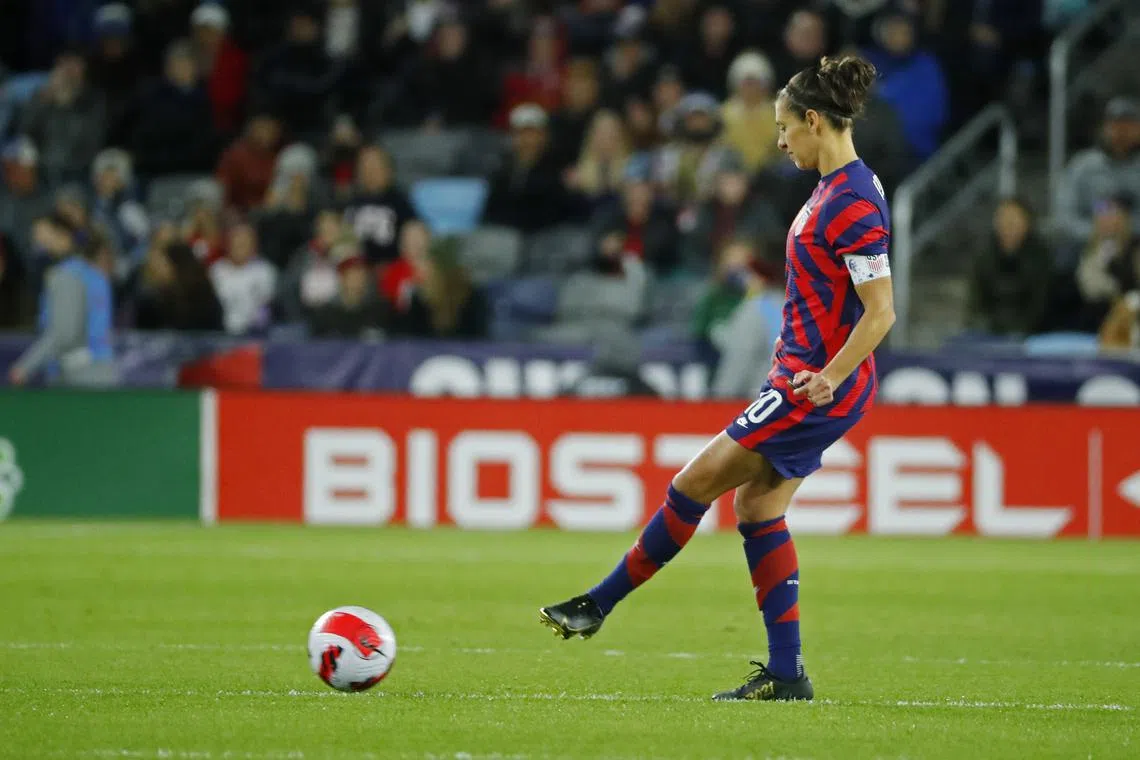 FILE PHOTO: Oct 26, 2021; St. Paul, Minnesota, USA; United States forward Carli Lloyd (10) starts her final game with the team by kicking the ball of to start the match with South Korea during an international friendly soccer match at Allianz Field. Bruce Kluckhohn-USA TODAY Sports/File Photo