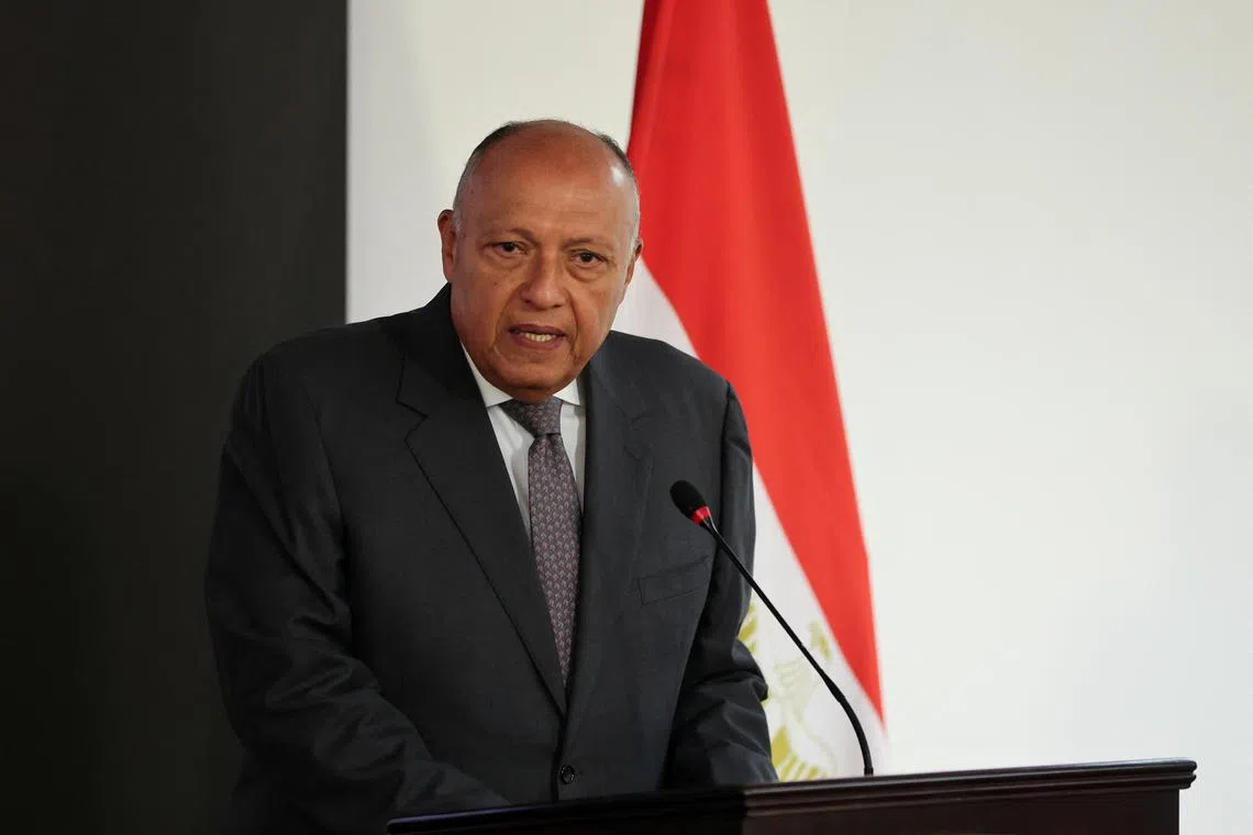 Egyptian Foreign Minister Sameh Shoukry speaks to the media, amid the conflict between Israel and the Palestinian Islamist group Hamas, in Cairo, Egypt, March 18, 2024. REUTERS/Mohamed Abd El Ghany/File Photo