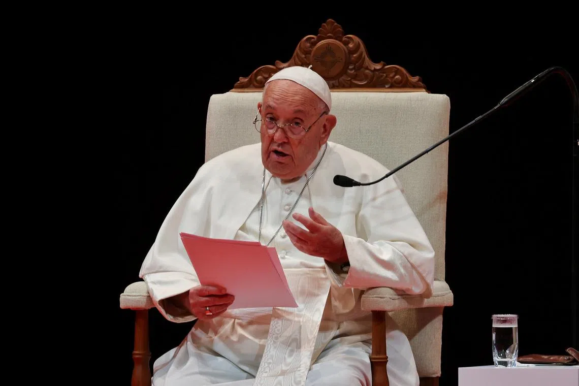 Pope Francis speaking at the State Address at the National University of Singapore's University Cultural Centre (UCC) on Sept 12, 2024. 