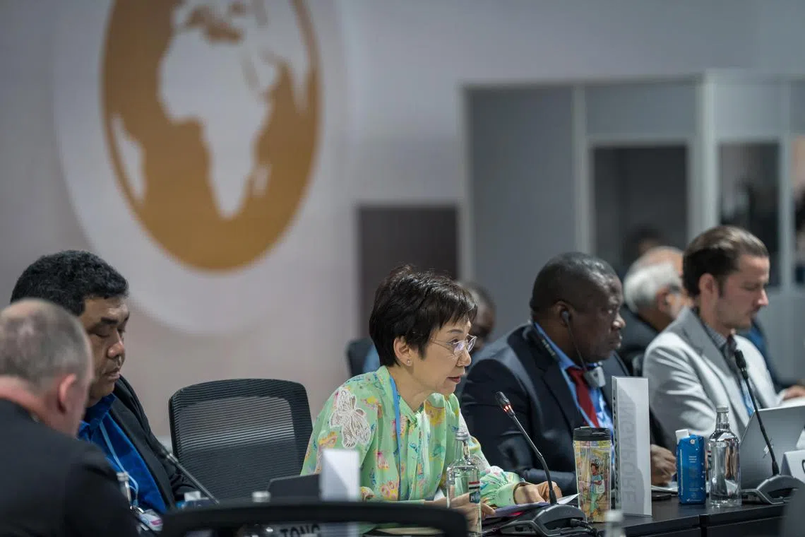 Grace Fu speaks at the COP27 High Level Ministerial Roundtable, on Nov 14, 2022.
