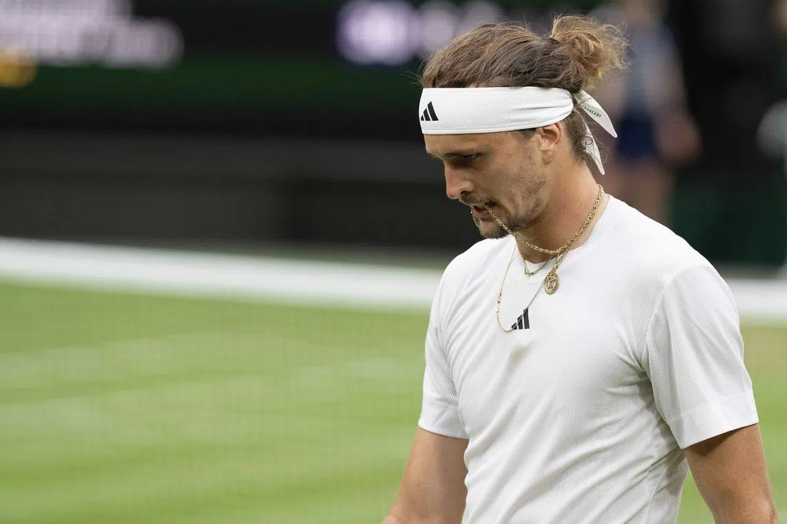 FILE PHOTO: Jul 8, 2024; London, United Kingdom; Alexander Zverev of Germany during his match against Taylor Fritz of the United States on day eight of The Championships at All England Lawn Tennis and Croquet Club. Mandatory Credit: Susan Mullane-USA TODAY Sports/File Photo